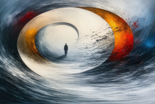 Abstract painting of a person surrounded by swirling colors in a vortex.