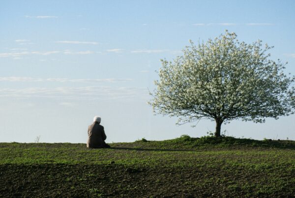 A person sits by a blossoming tree under a clear blue sky in a serene landscape.