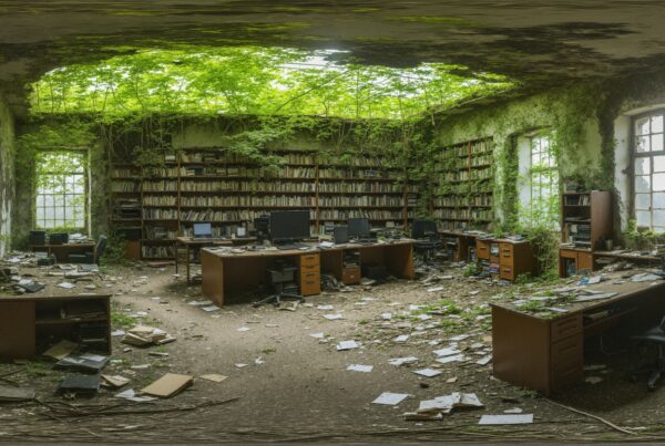 Abandoned office overtaken by nature, with desks, books, and wild plants.