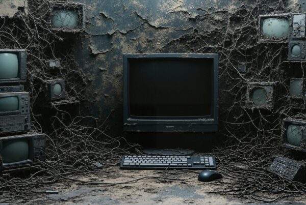 An eerie room filled with dusty, cobweb-covered vintage televisions and computer monitors, featuring tangled cables and a central CRT monitor, suggesting abandoned technology decay.