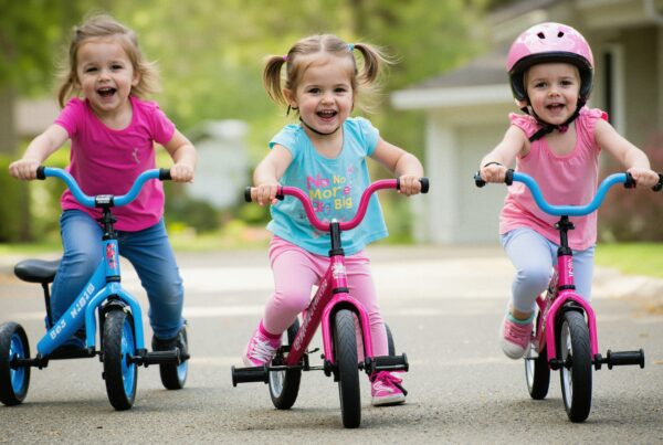 Three girls joyfully riding balance bikes on a sunny suburban street, showcasing childhood fun and adventure.