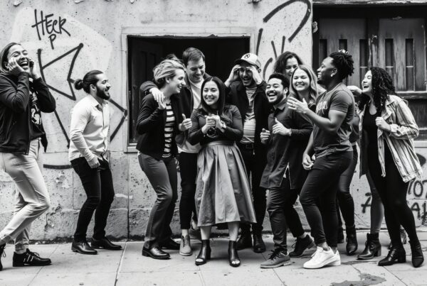A joyful group of friends laughing together in front of graffiti-covered urban wall.