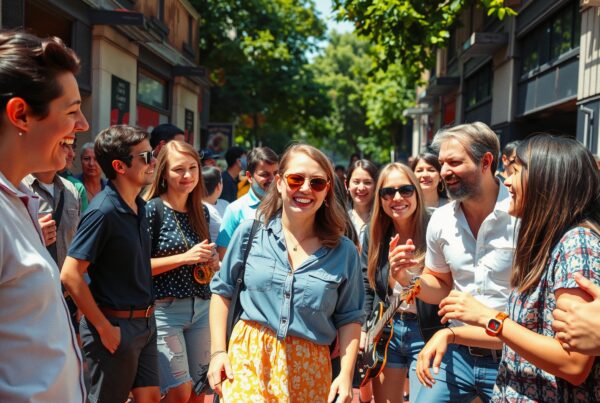 A joyful group enjoys a sunny day on a lively street, engaging in conversation and laughter.