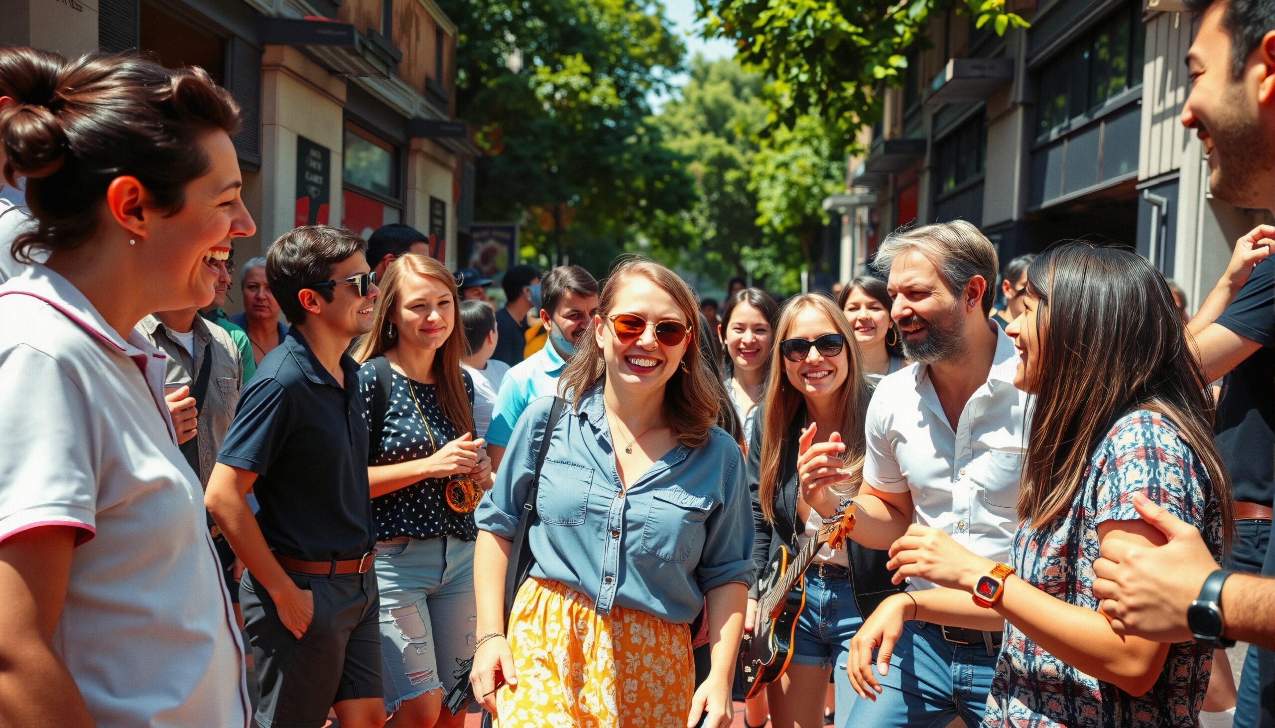 Joyful Crowd on Sunny Street