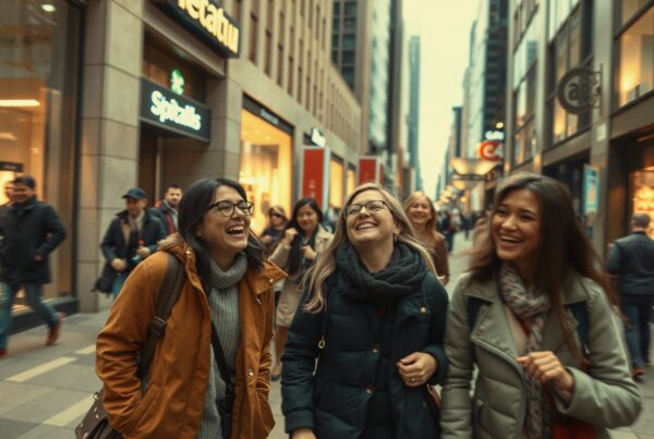 Three friends laughing on a busy city street with shop windows and pedestrians in jackets.
