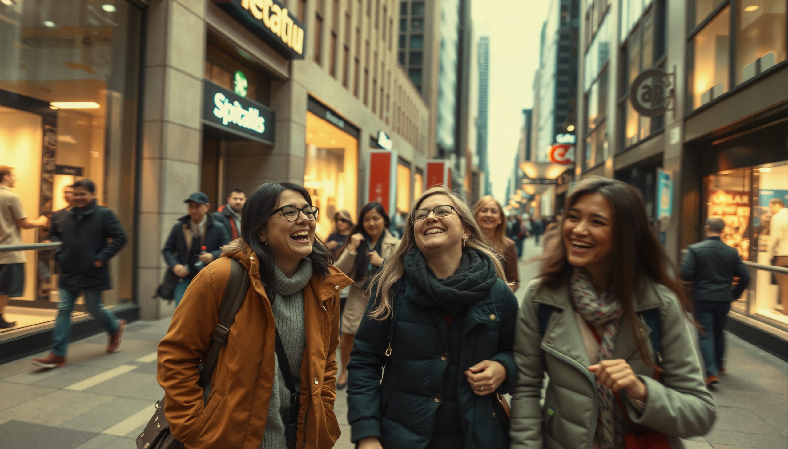 Three Friends in Busy Street