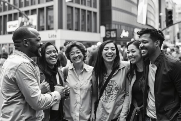 Friends Laughing on City Street
