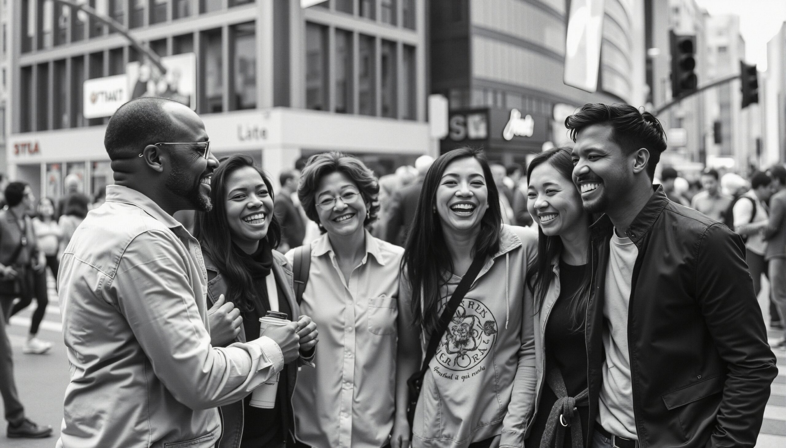 Friends Laughing on City Street