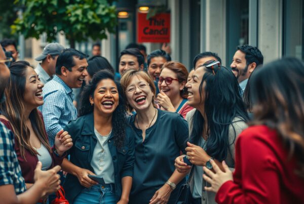 A joyful group of friends shares laughter outdoors in a vibrant, urban setting.