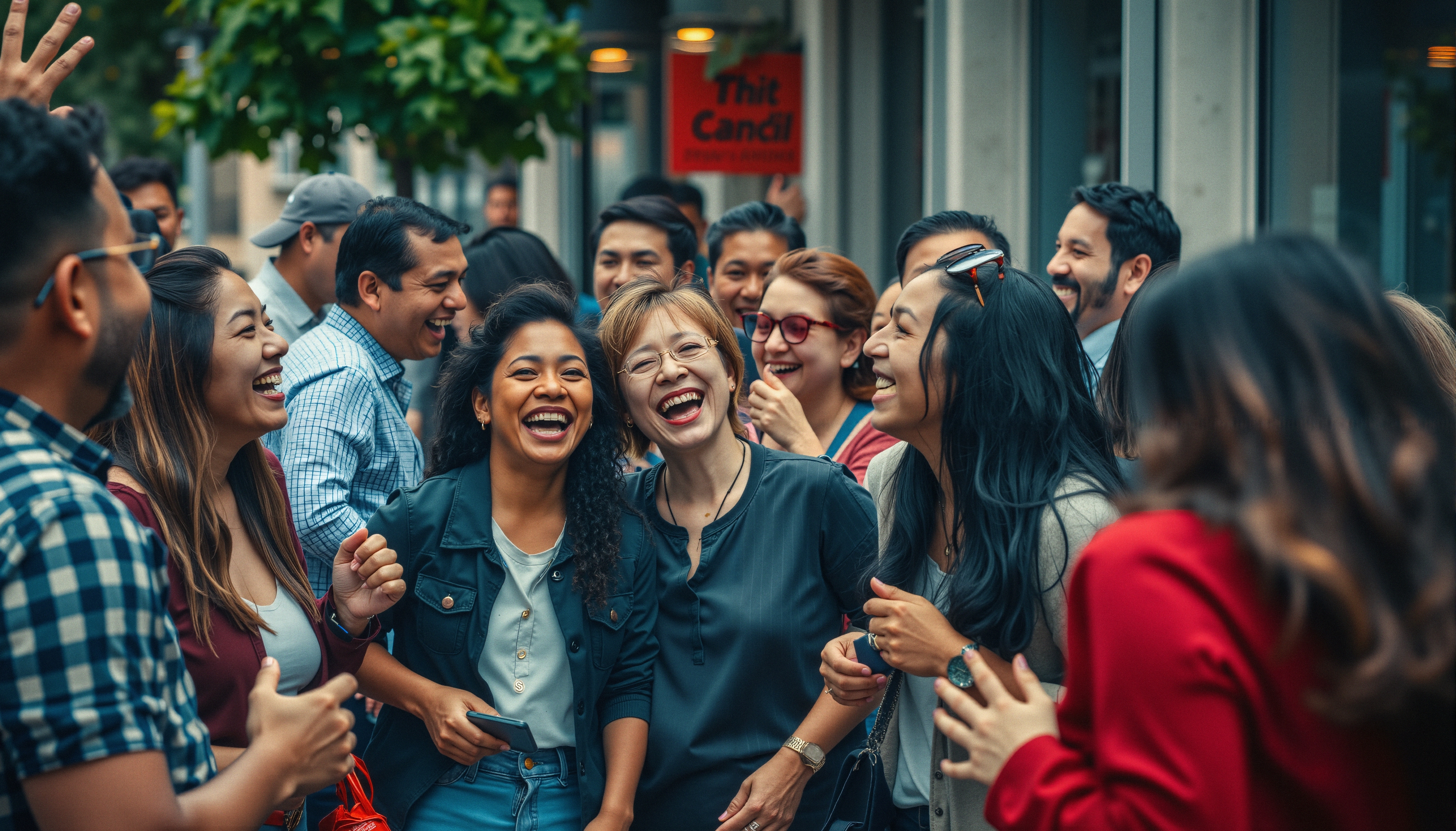Joyful group sharing laughter outside