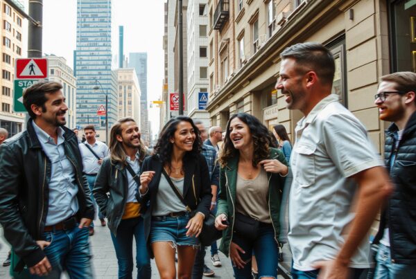 A group of friends cheerfully walks through a lively city street, laughing and enjoying the urban atmosphere.
