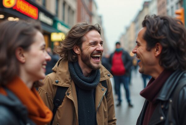 Three friends laughing in a bustling city street.