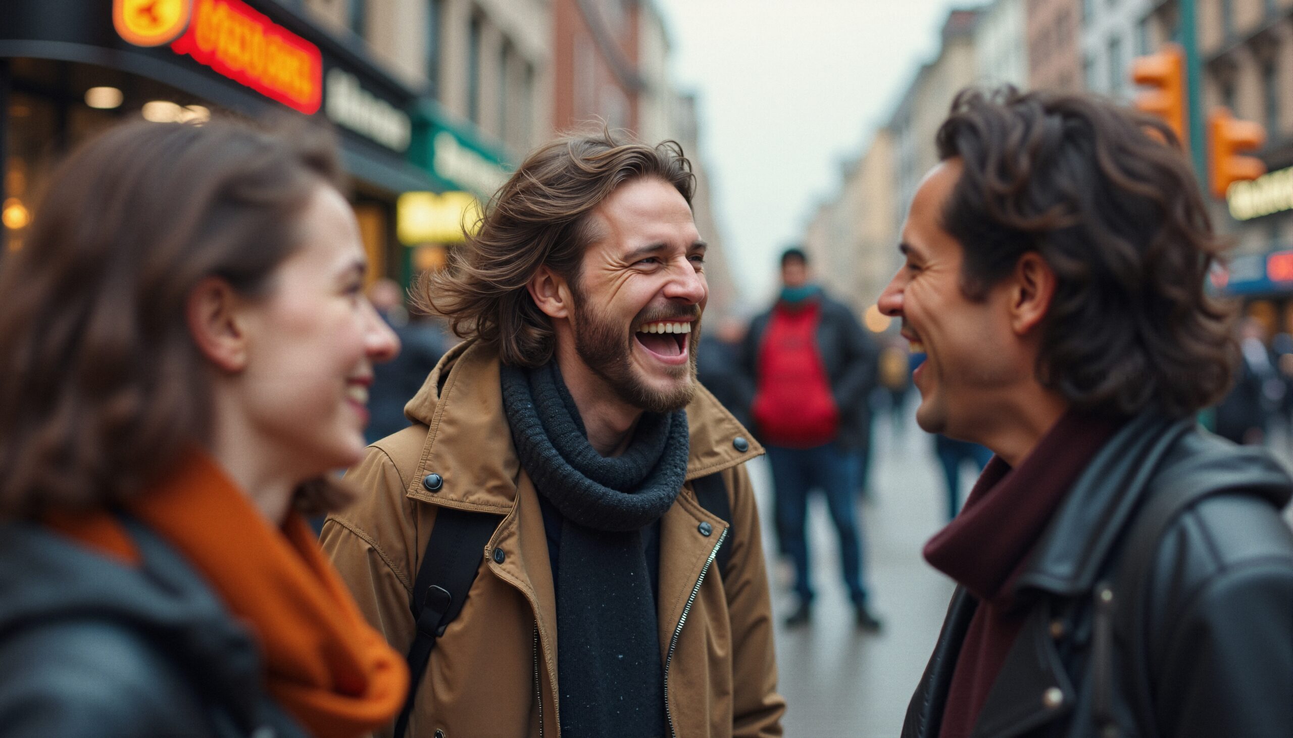 Joyful Conversation on City Street