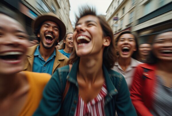 A diverse group of friends laughing joyfully together on a bustling city street.