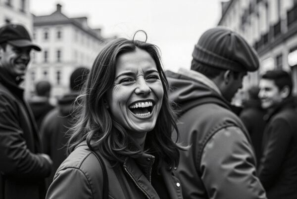 A black-and-white photo of a laughing woman in a city crowd.