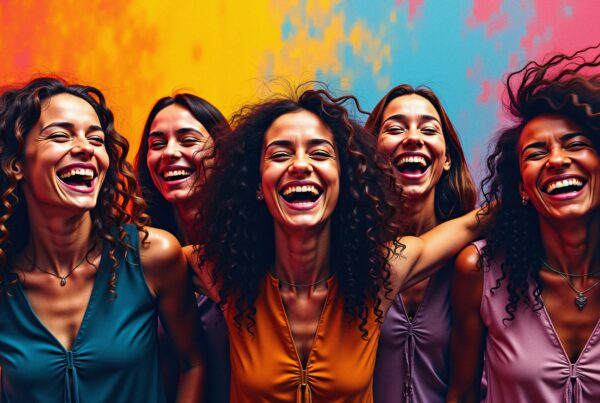 Five women laughing together against a colorful background.