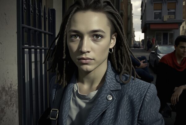 A person with dreadlocks in a blue blazer walks confidently down a bustling urban street.