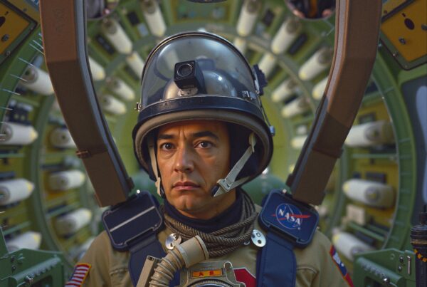 Astronaut in detailed spacecraft with advanced NASA technology.