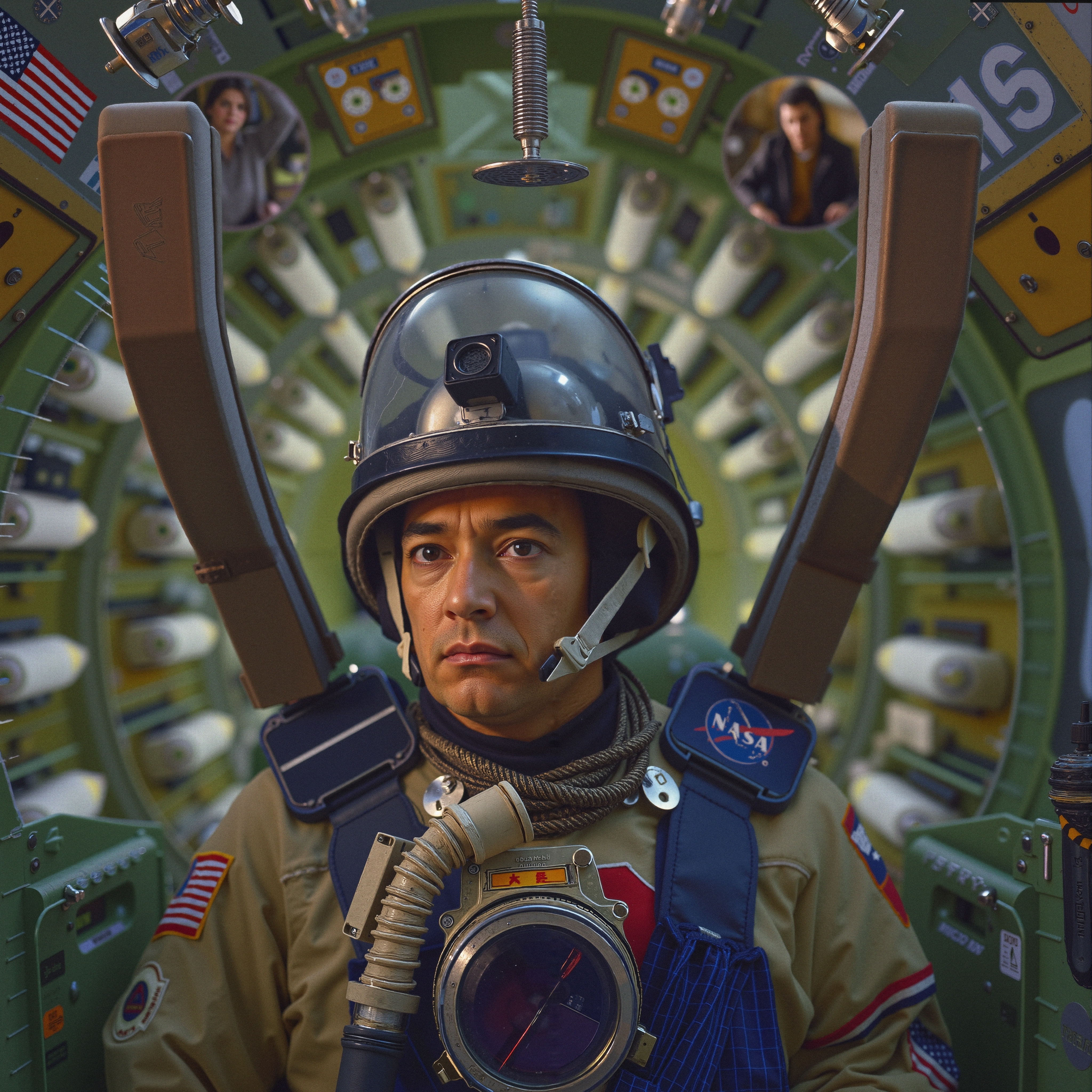 Astronaut in futuristic spacecraft cabin