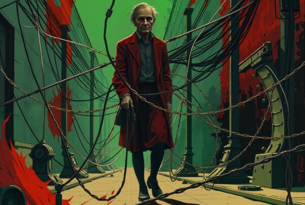 A person in a red coat walks through an alley, surrounded by tangled wires against a green backdrop.