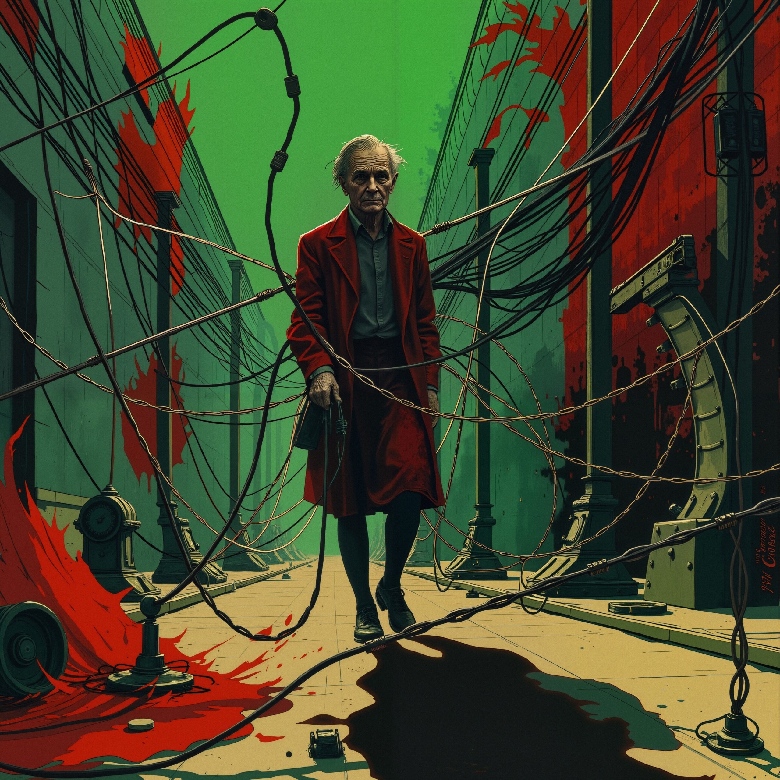 Person in red coat alleyway