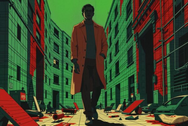 Silhouetted man in urban alley with vivid green and red buildings creating a mysterious atmosphere.