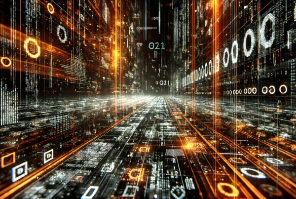 Futuristic digital landscape with glowing data streams.