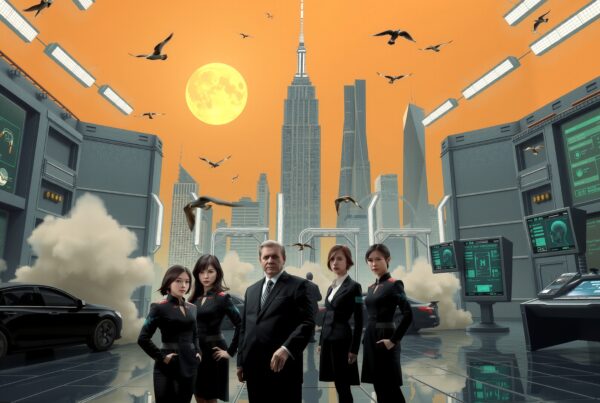 A futuristic control room with a city skyline.