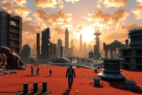 Futuristic cityscape with Martian terrain, highlighting a sunset.