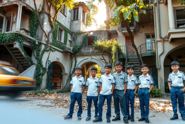 Seven boys in school uniforms stand outside an ivy-covered building.