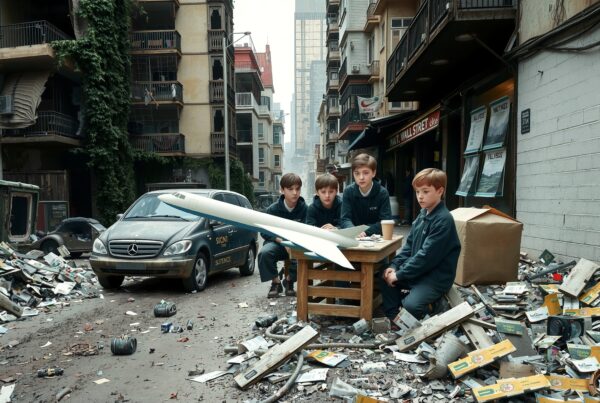 Four boys with model airplane in a cluttered urban alley.