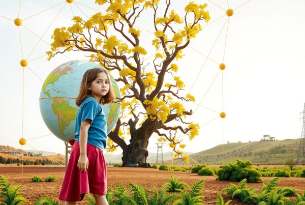 A girl stands by a globe and tree amidst geometric connections in a vibrant landscape.