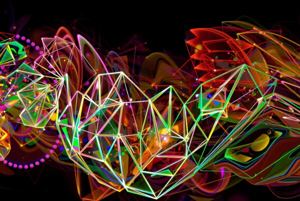 Bright neon geometric shapes create a vibrant and energetic digital abstract artwork on a dark background.