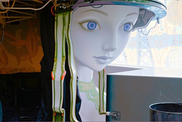 Futuristic art sculpture with glowing anime face, surreal design.