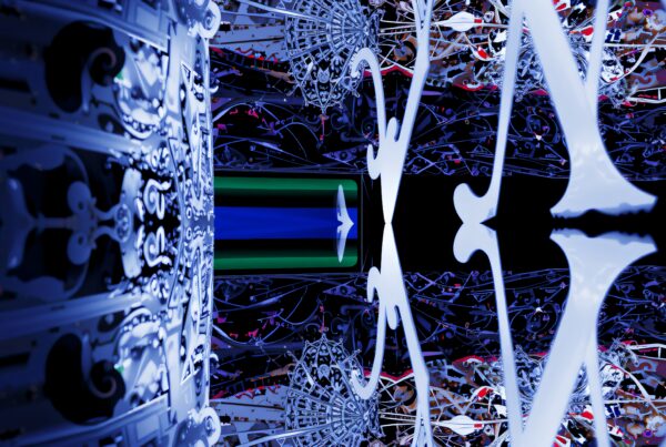 Abstract digital artwork featuring intricate patterns, metallic textures, and a vibrant gradient central focal point with blue and green tones.