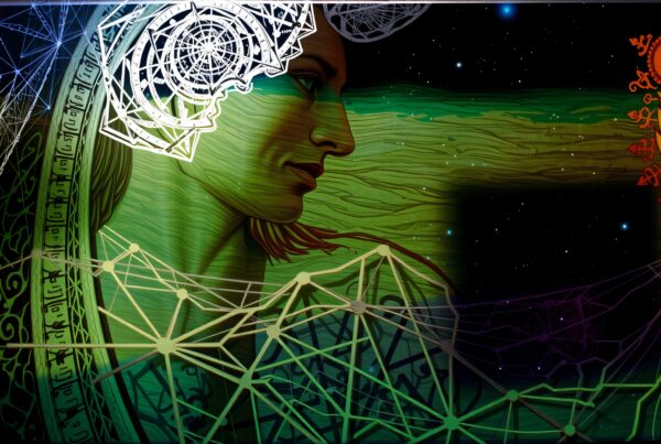 A digital artwork combining human profile with geometric patterns and cosmic themes.
