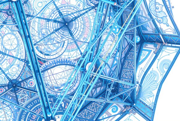 Intricate blue geometric structure with celestial clock elements and intersecting beams, creating a surreal and futuristic artistic design.