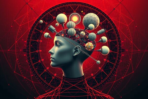 Futuristic illustration of human-technology integration with geometric and planetary elements against a red background.