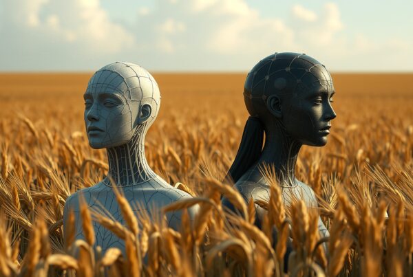 Futuristic androids standing in a golden wheat field under a bright blue sky, with intricate circuit designs highlighting their serene expressions amidst the endless landscape.
