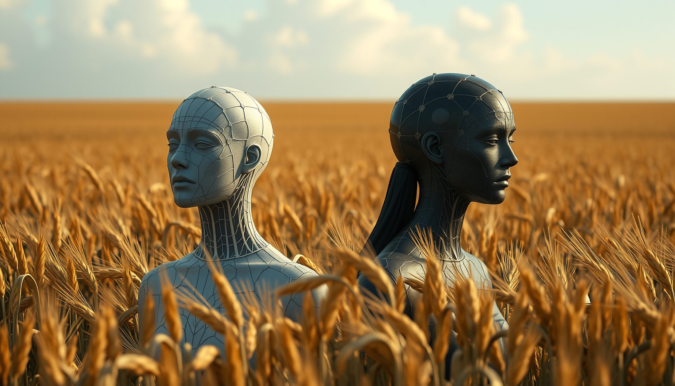 Futuristic Androids in Wheat Field