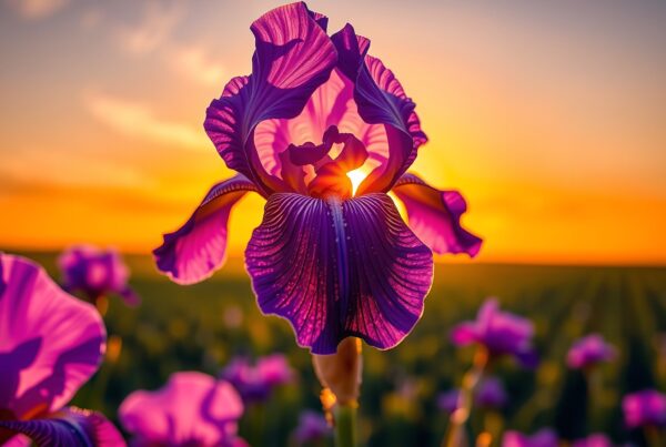 A stunning purple iris flower against a glowing sunset backdrop.