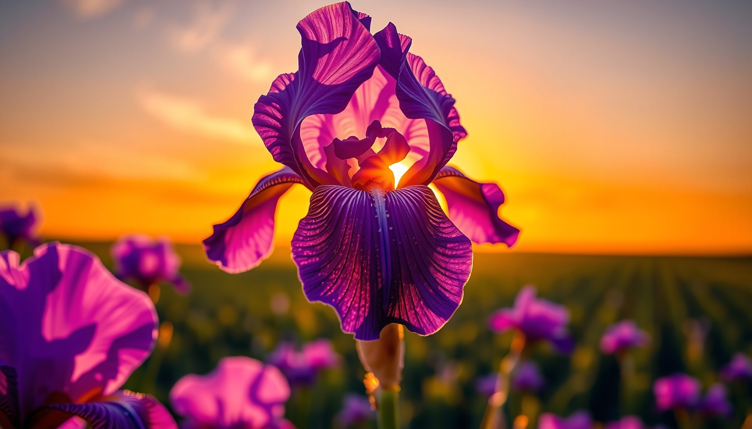 Sunset through purple iris bloom