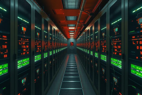 Modern data center corridor with illuminated servers.