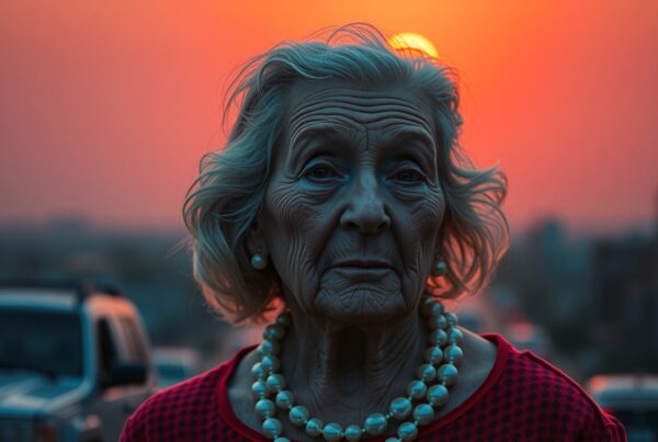 Elderly woman at sunset with cityscape background.