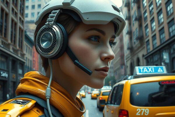 A futuristic woman with advanced helmet technology stands amid yellow taxis in a bustling city street.