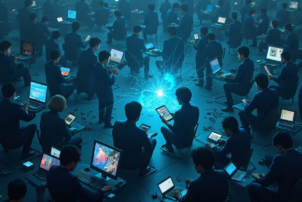 A room full of people using various electronic devices connected by a central blue energy source, illustrating digital connectivity and collaboration in a futuristic setting.