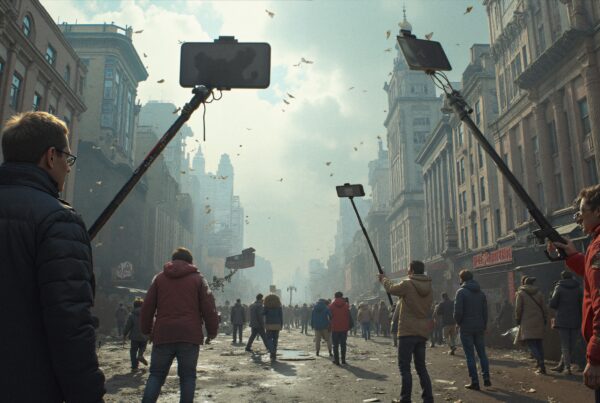 A busy city street with people holding selfie sticks amidst a traditional urban scenery and flying leaves.