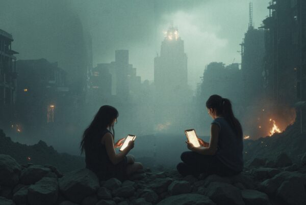 Two women with tablets in apocalyptic, ruined city.