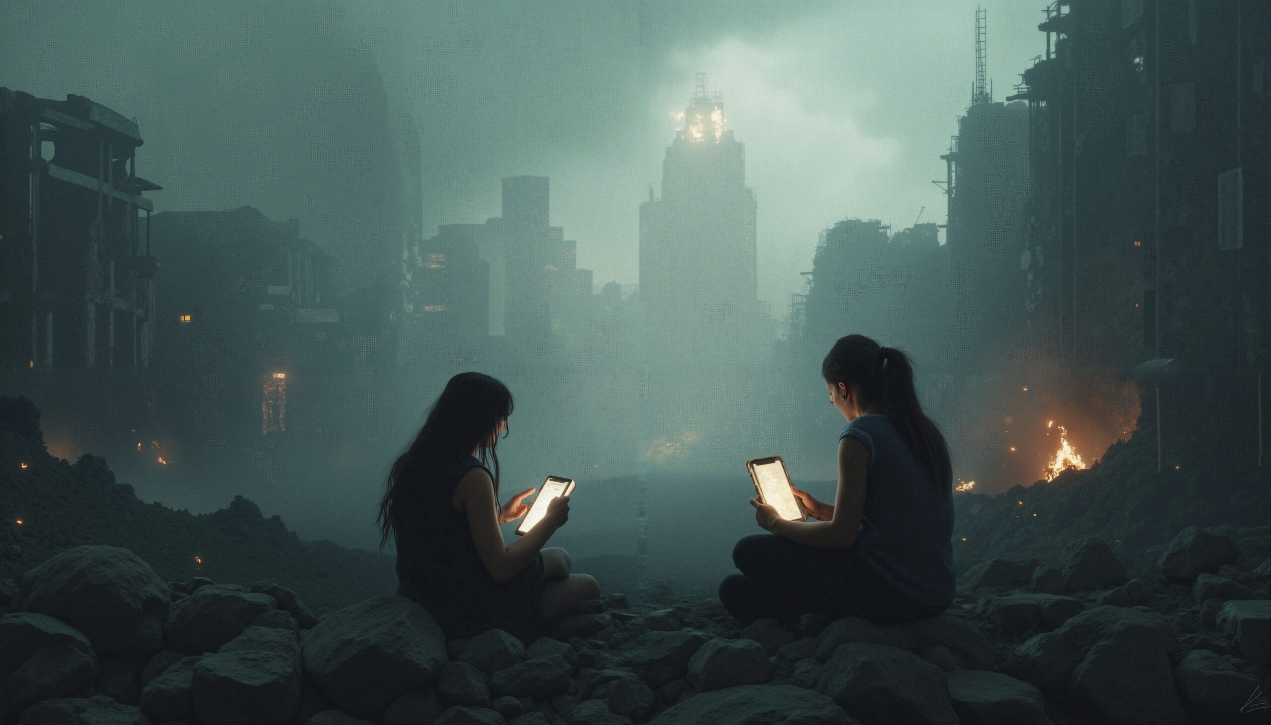 Women in ruined city landscape