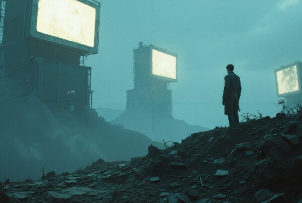 A lone figure in a misty, dystopian landscape, confronted by glowing towers under a bluish sky.